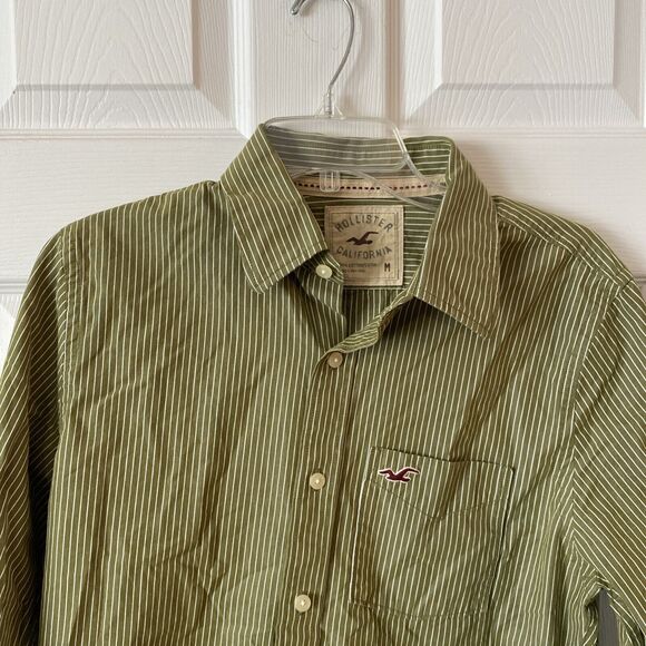 Hollister Men’s Button Down Shirt Size Medium Green Striped Long Sleeve - Picture 3 of 13